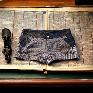 Womens Shorts - Short, Brown, Checkered, Faux Leather Accents, Lined, Pleated